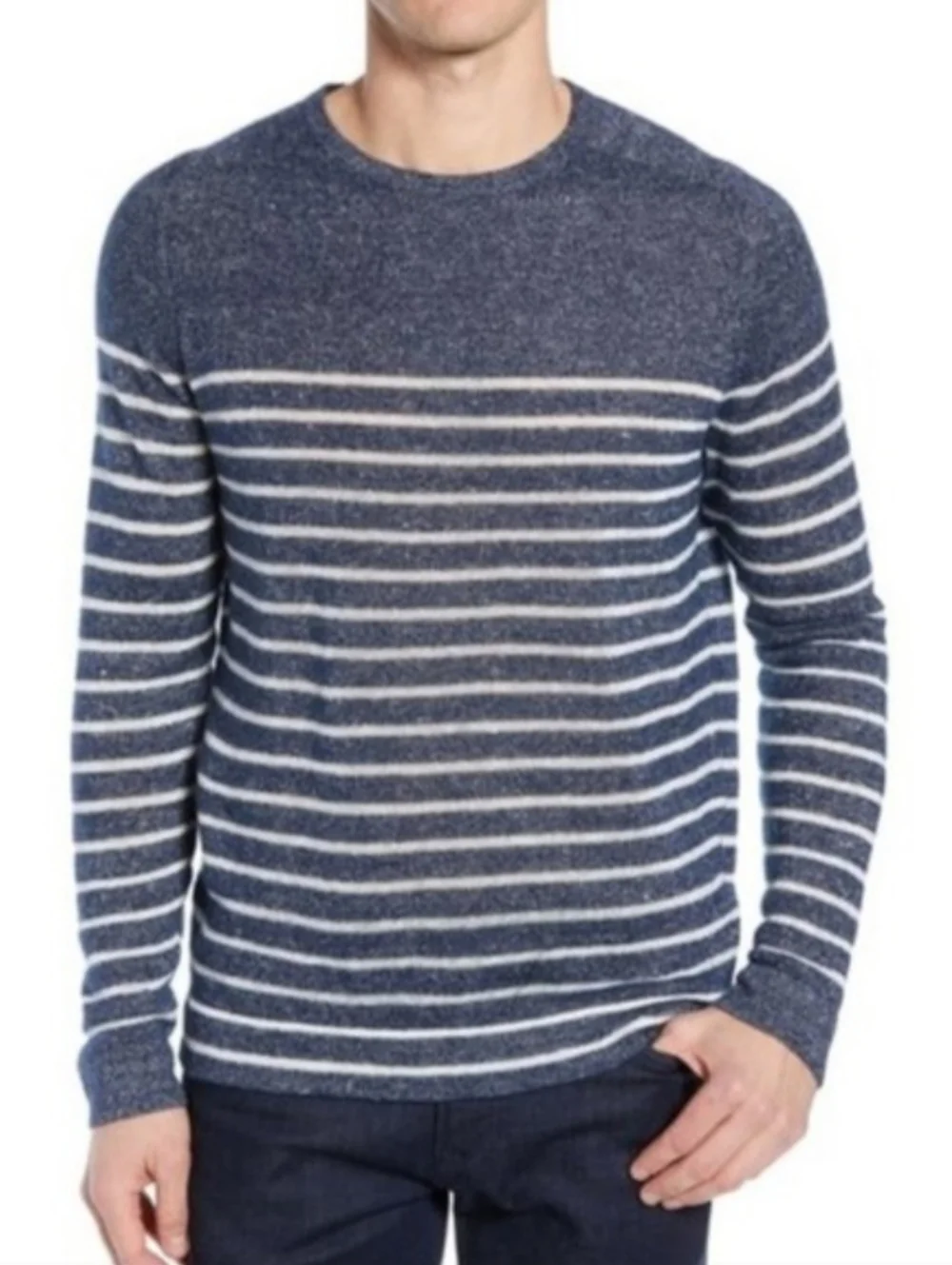 Nordstrom Signature Cashmere Linen Blue Stripe Mens Crewneck Sweater - MEDIUM - Picture 1 of 6